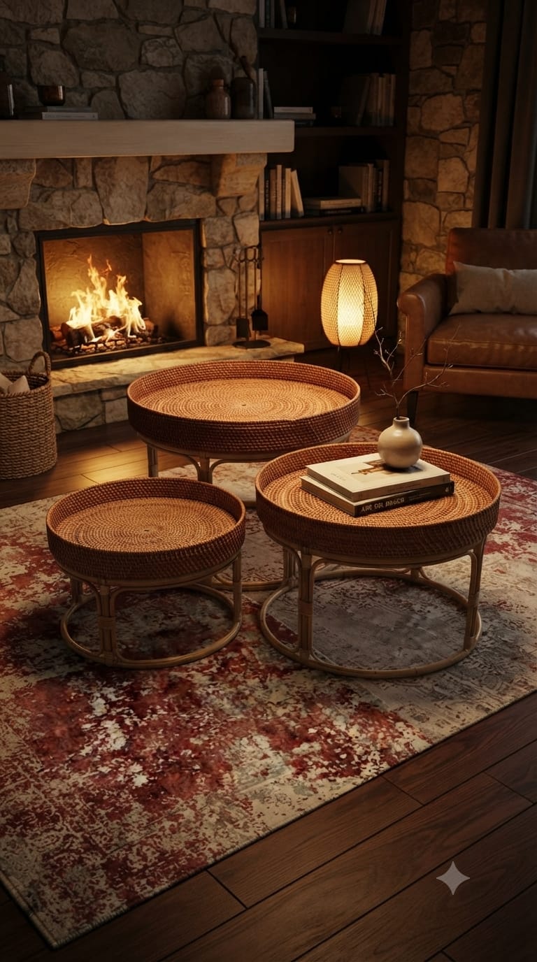 Rattan üçlü orta sehpa-El yapımı 60/50/40 cm