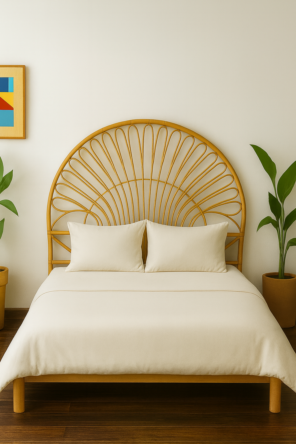 “160 cm doğal rattan el işçiliği yatak başlığı – Bali tarzı, el yapımı rattan başlık, doğal dekor yatak odası.”