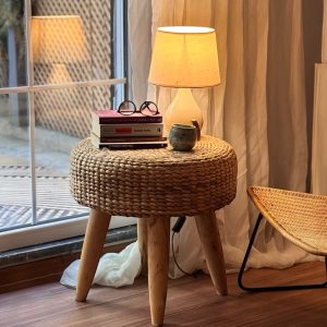 El yapımı susümbülü tabure – masif ahşap iskeletli doğal puf, Bali Decor