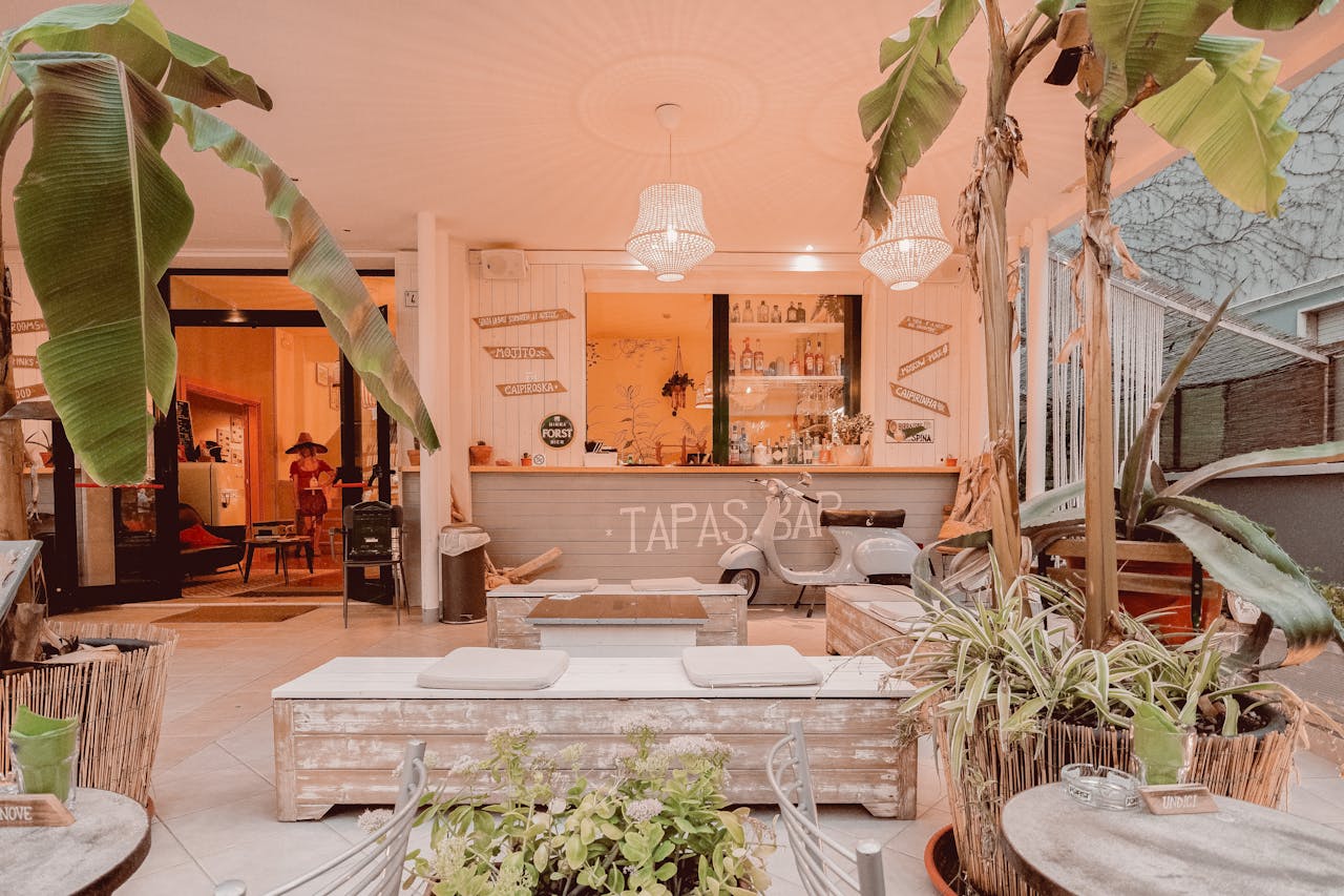 Bali Decor koleksiyonundan el yapımı rattan mobilyalar ve büyük yeşil bitkilerle tasarlanmış güneş alan modern tropikal dekorasyon örneği.