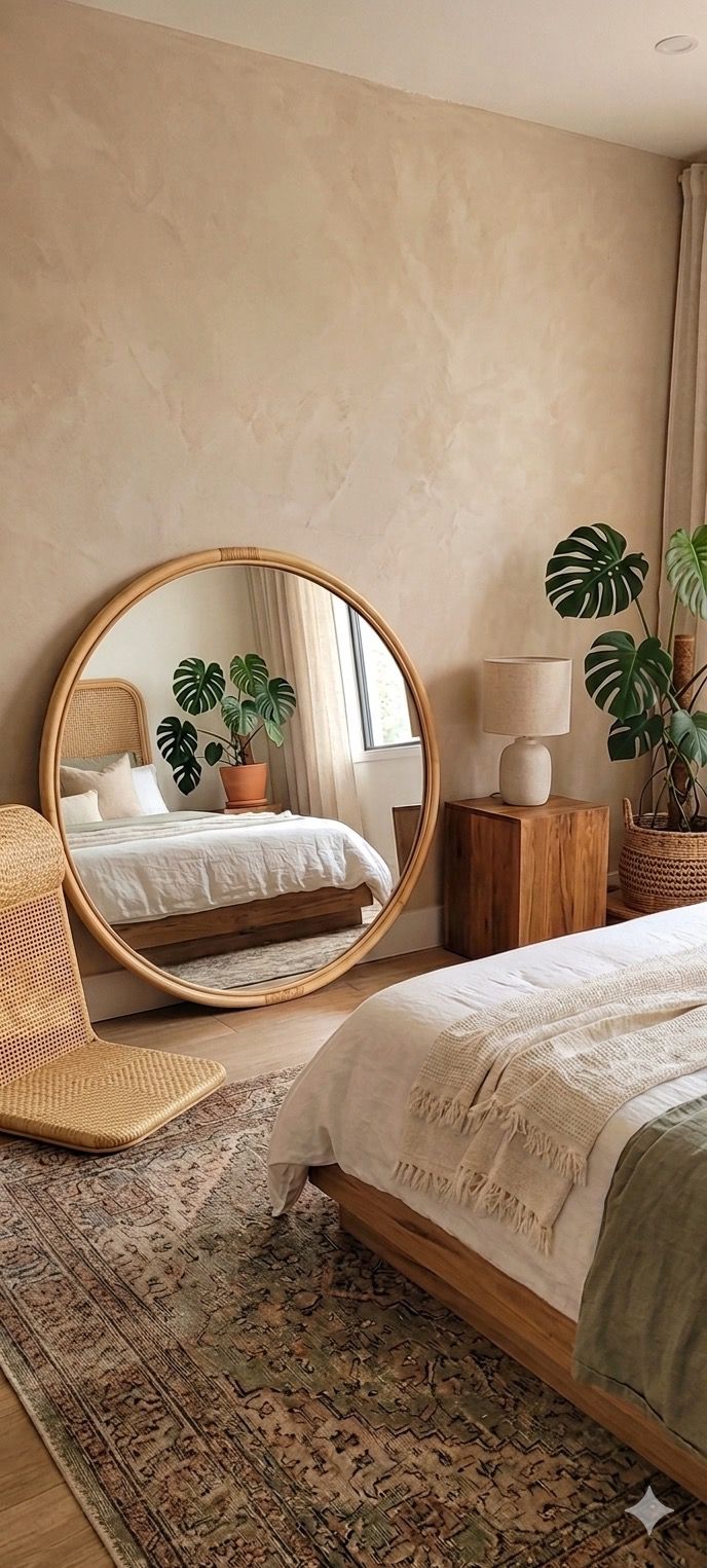 yuvarlak rattan ayna 110 cm yatak odası dekorasyonu doğal bohem duvar aynası