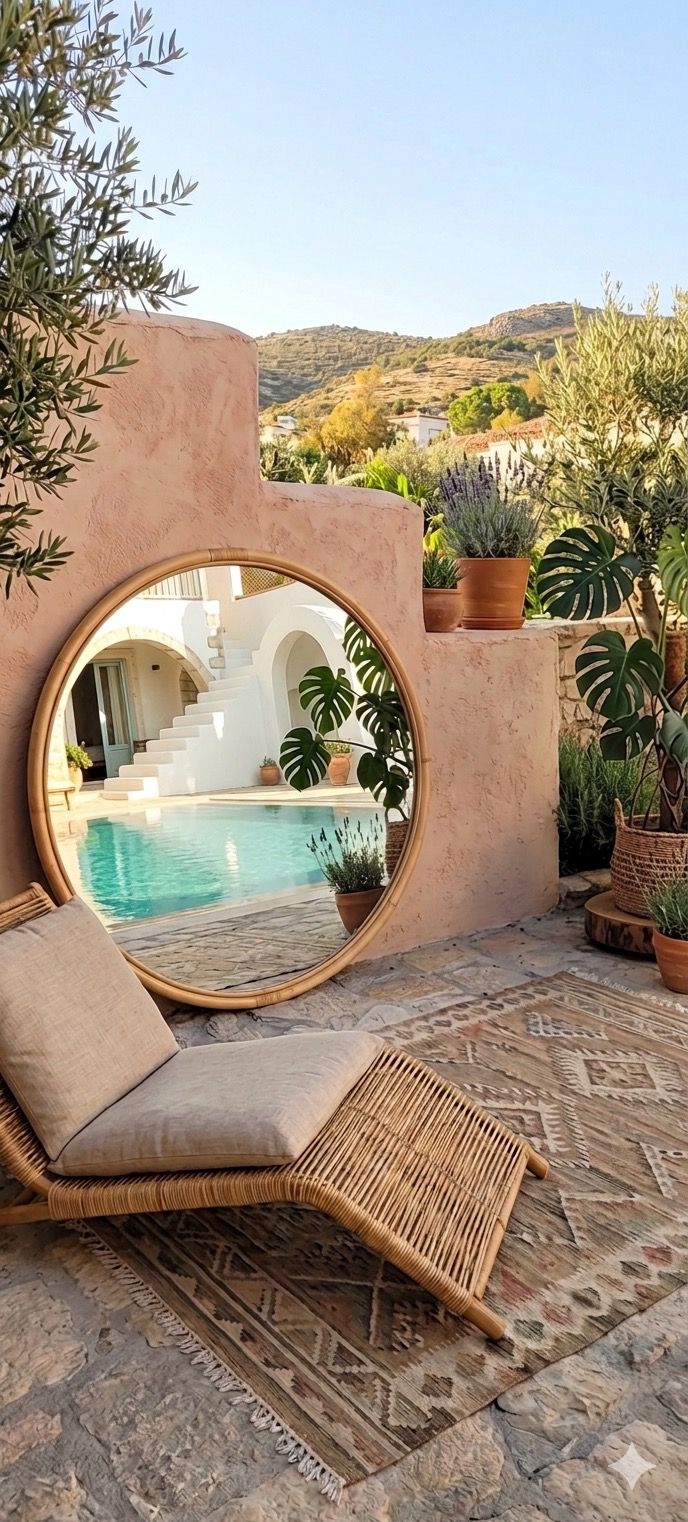 yuvarlak rattan ayna 110 cm otel havuz başı dekorasyonu doğal bohem ayna