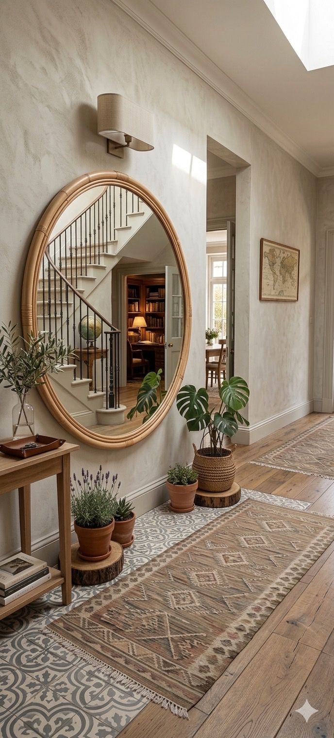 yuvarlak rattan ayna 110 cm antre dekorasyonu doğal bohem duvar aynası